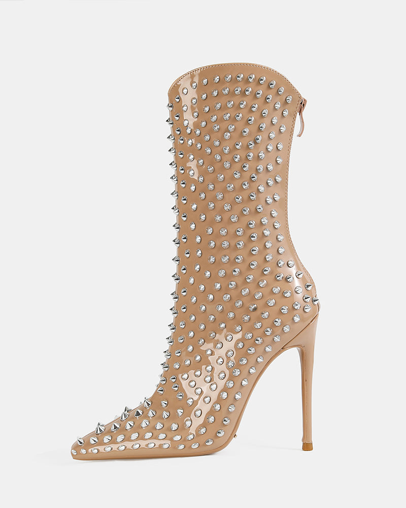 Apricot mid-calf stiletto boot with pointed toe and silver spike studs