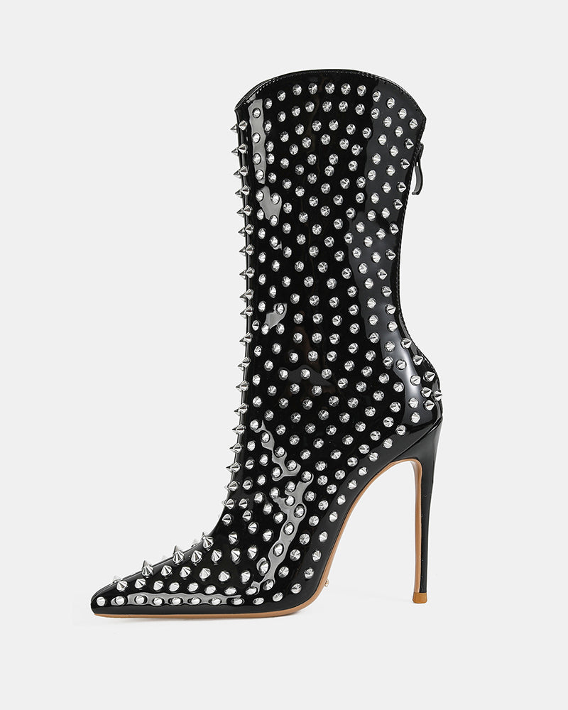 Black mid-calf stiletto boot with pointed toe and silver spike studs
