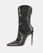 Black mid-calf stiletto boot with pointed toe and silver spike studs