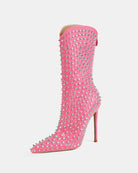Pink mid-calf stiletto boot with pointed toe and silver spike studs