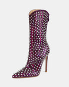 Purple mid-calf stiletto boot with pointed toe and silver spike studs