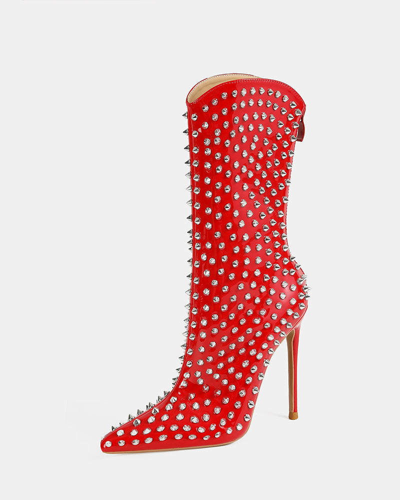 Red mid-calf stiletto boot with pointed toe and silver spike studs