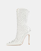 White mid-calf stiletto boot with pointed toe and silver spike studs