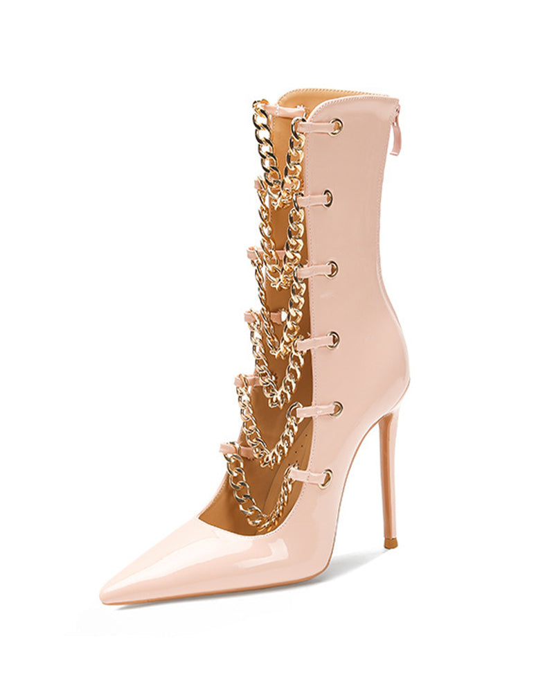 Light pink patent stiletto ankle boot with gold chain strap detail and pointed toe.