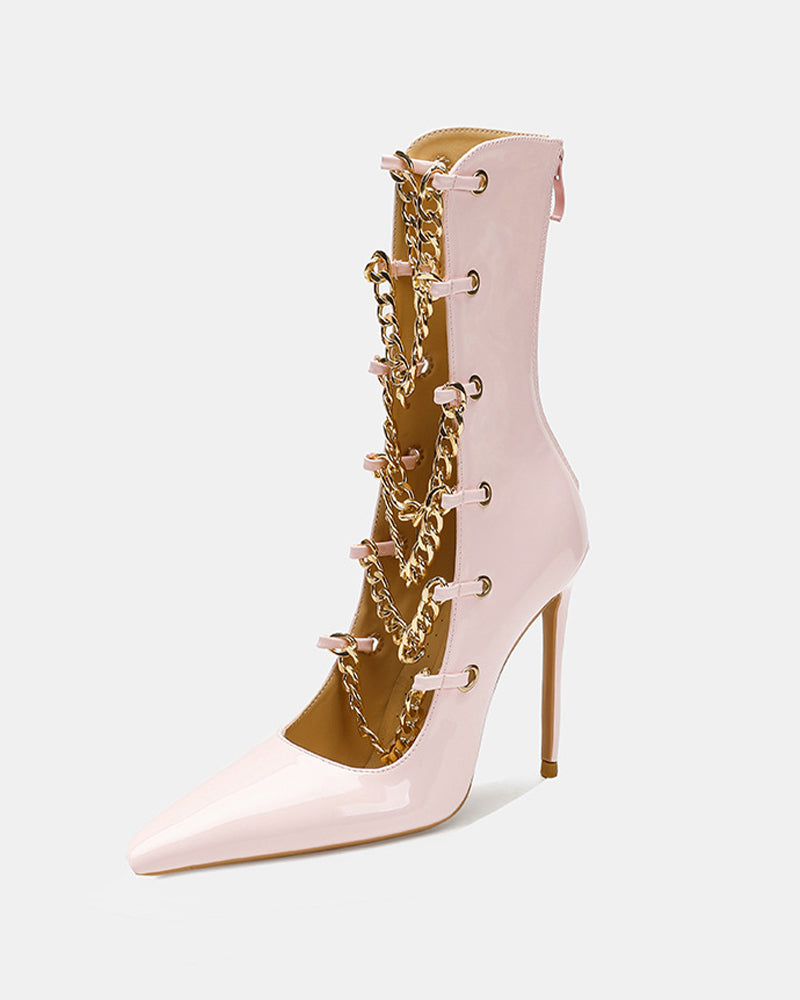 Light pink patent stiletto ankle boot with gold chain lace detail and slim heel.