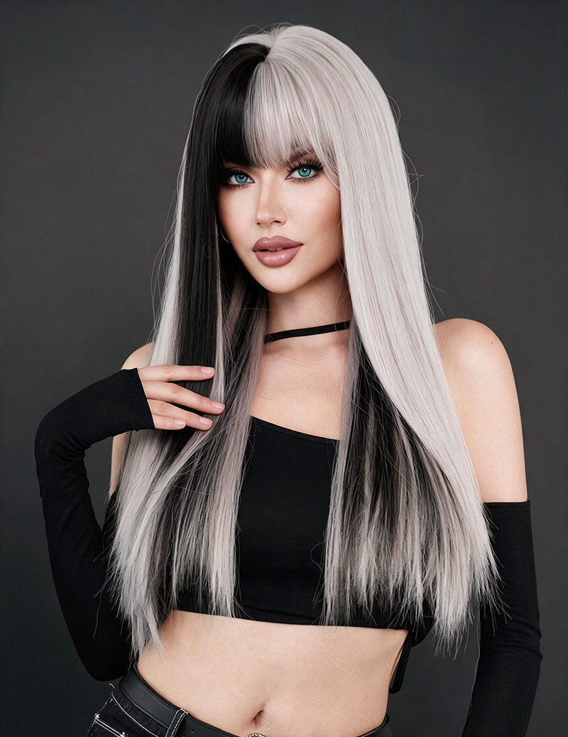 Long Straight Split Color Bangs Wig with Hair Net - Black and White