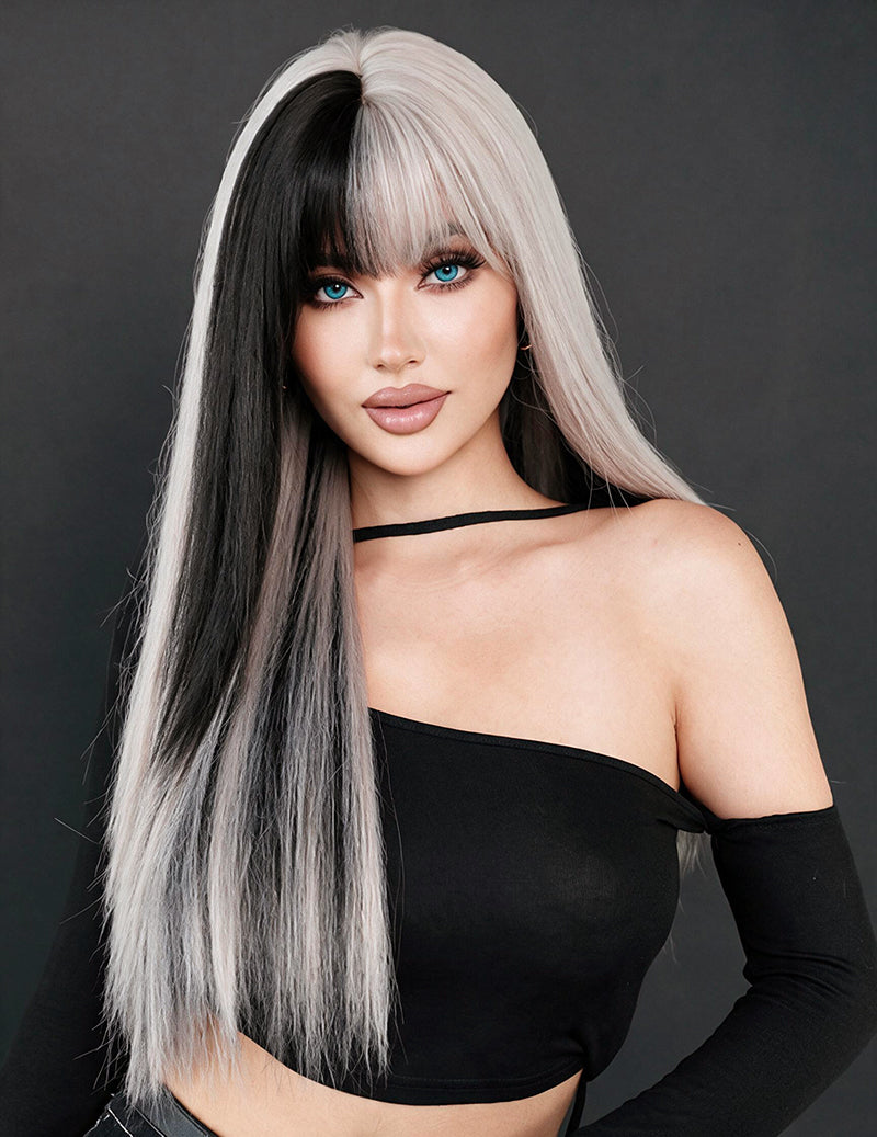 Long Straight Split Color Bangs Wig with Hair Net - Black and White