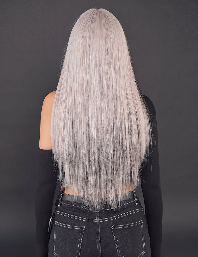 Long Straight Split Color Bangs Wig with Hair Net - Black and White
