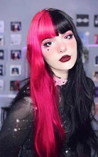 Long Straight Half Black Half Pink Halloween Wig - Black and Pink