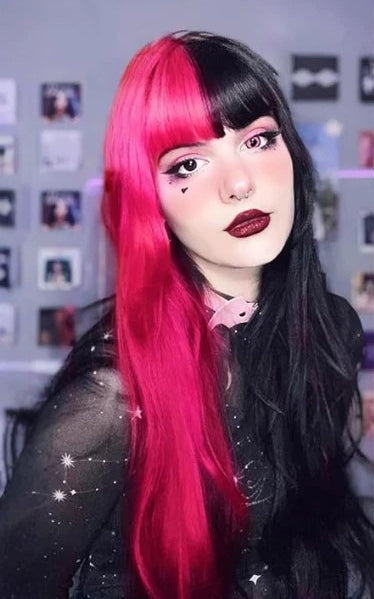 Long Straight Half Black Half Pink Halloween Wig - Black and Pink