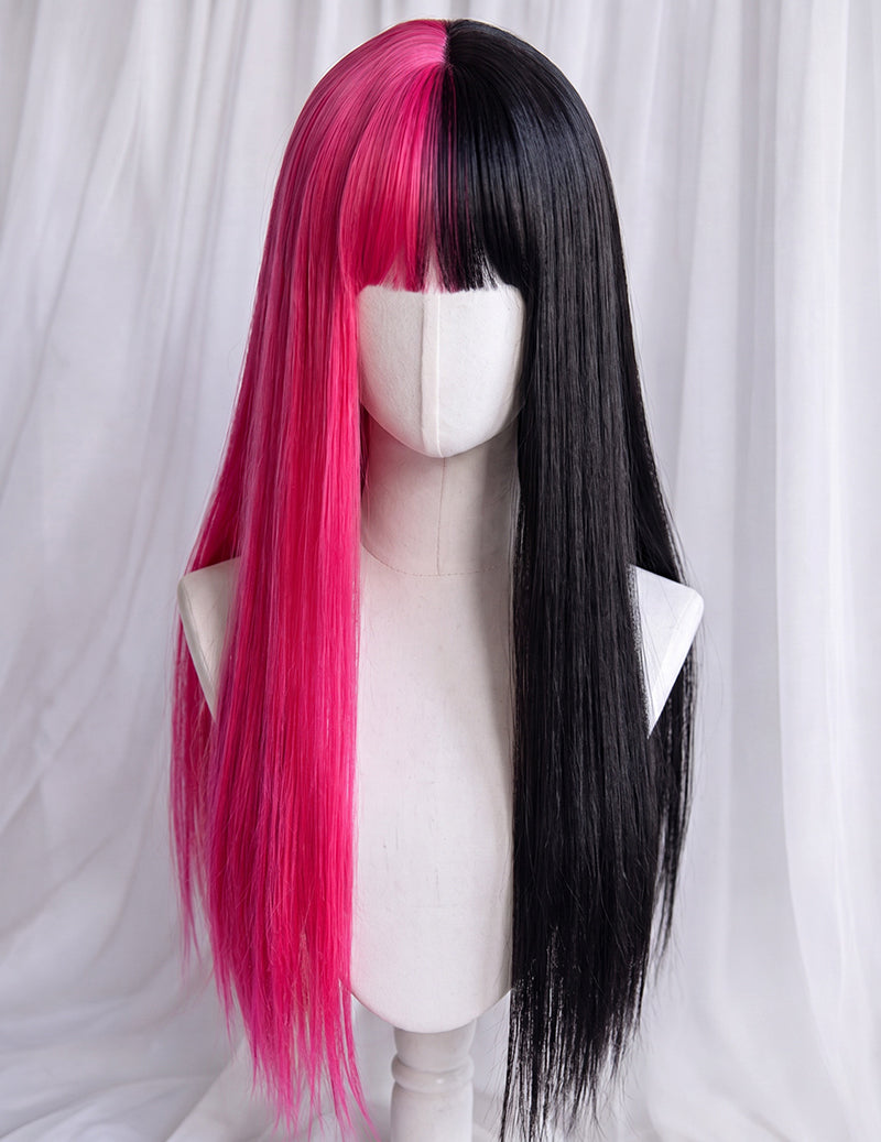 Long Straight Half Black Half Pink Halloween Wig - Black and Pink
