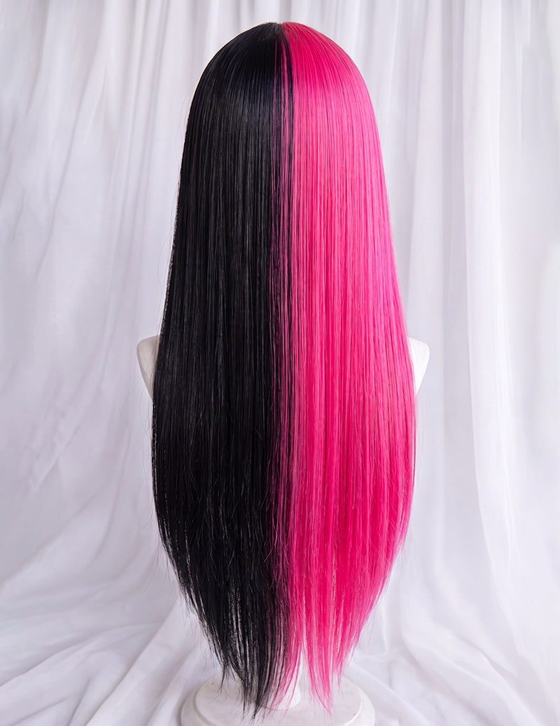 Long Straight Half Black Half Pink Halloween Wig - Black and Pink