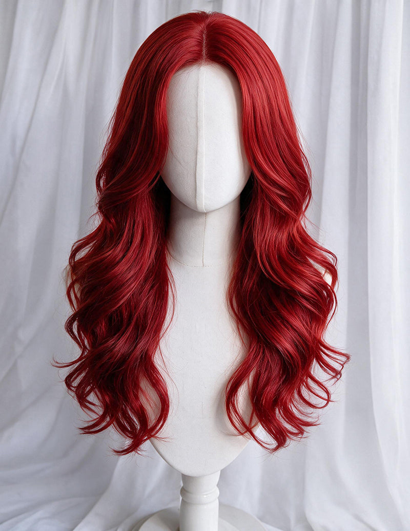 Long Wavy Center Part Curly Wig - Red