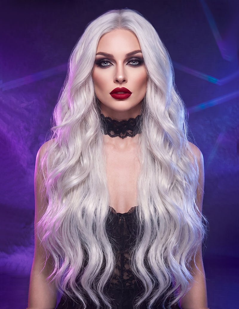 Long Wavy Center Part Curly Wig - White