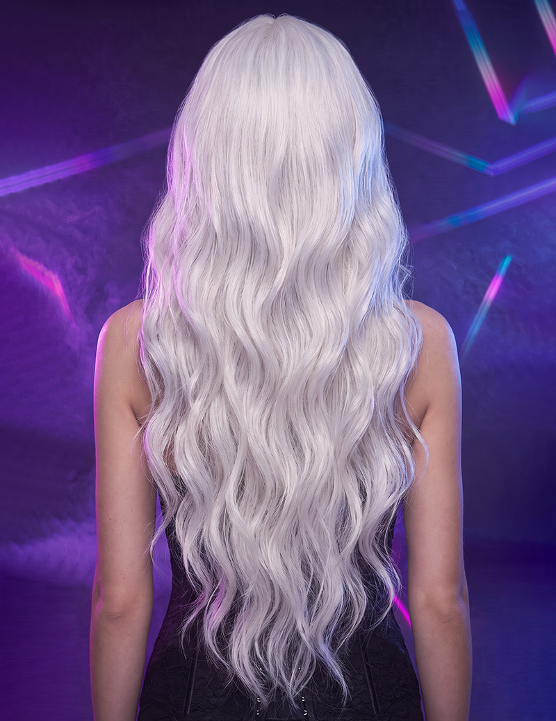 Long Wavy Center Part Curly Wig - White