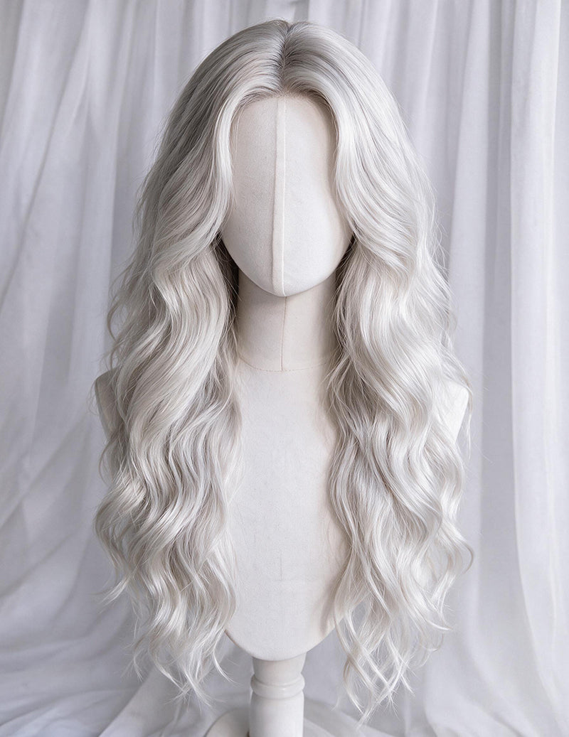 Long Wavy Center Part Curly Wig - White