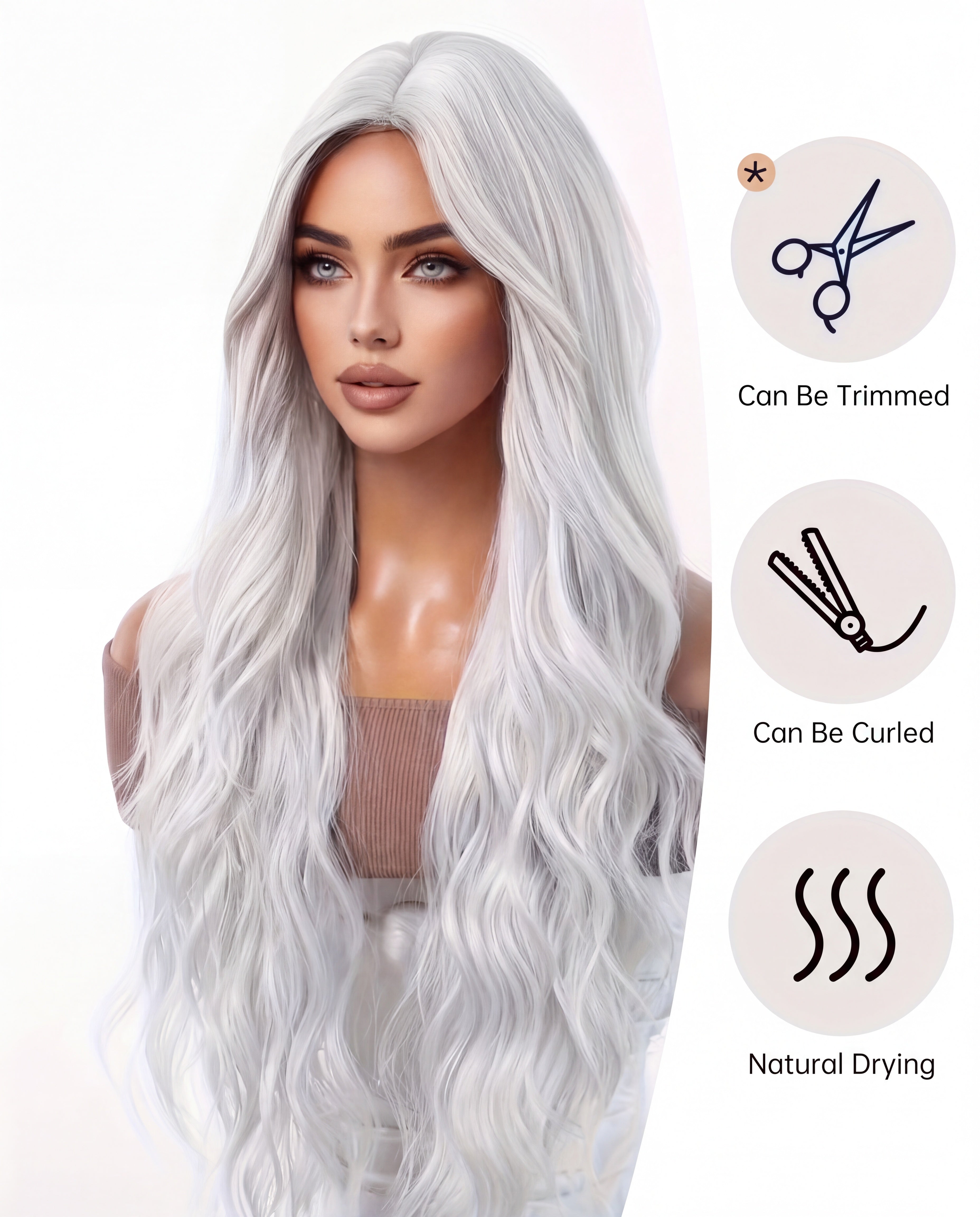 Long Wavy Center Part Curly Wig - White