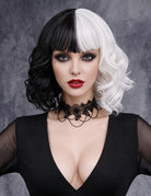 Short Wavy Bob Split Black White Yin Yang Wig - Black and White