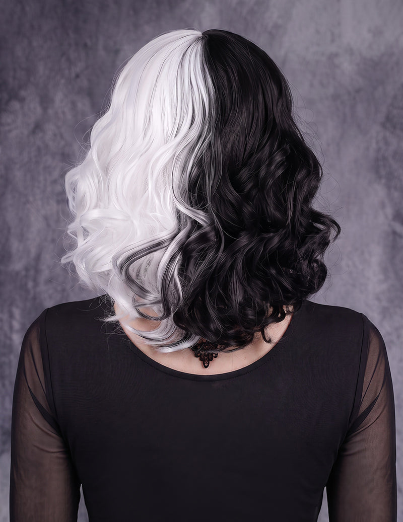 Short Wavy Bob Split Black White Yin Yang Wig - Black and White