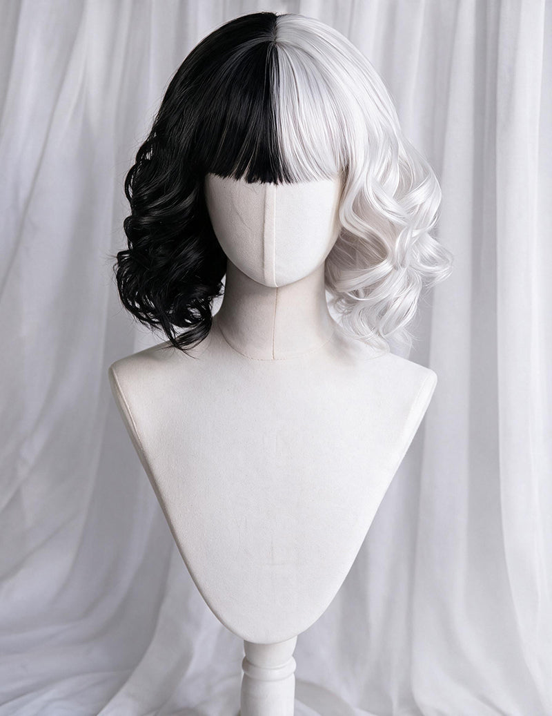 Short Wavy Bob Split Black White Yin Yang Wig - Black and White