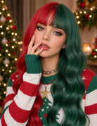 Christmas Half Red Half Green Long Wavy Wig - Red Green