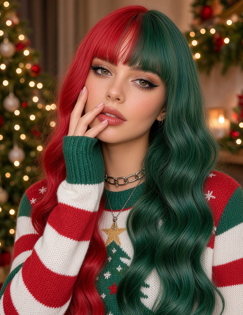 Christmas Half Red Half Green Long Wavy Wig - Red Green