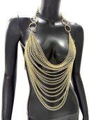 Gold chain halter crop top with layered drape and teardrop chain fringe