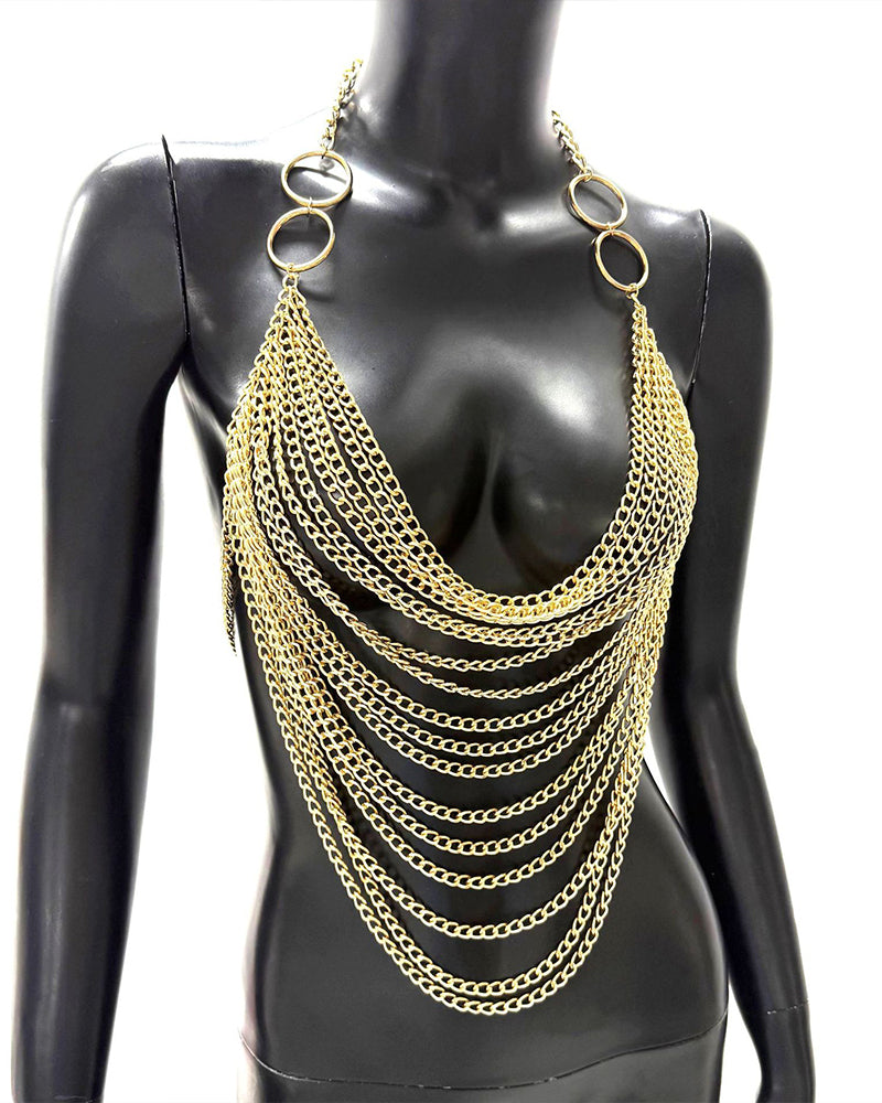 Gold chain halter crop top with layered drape and teardrop chain fringe