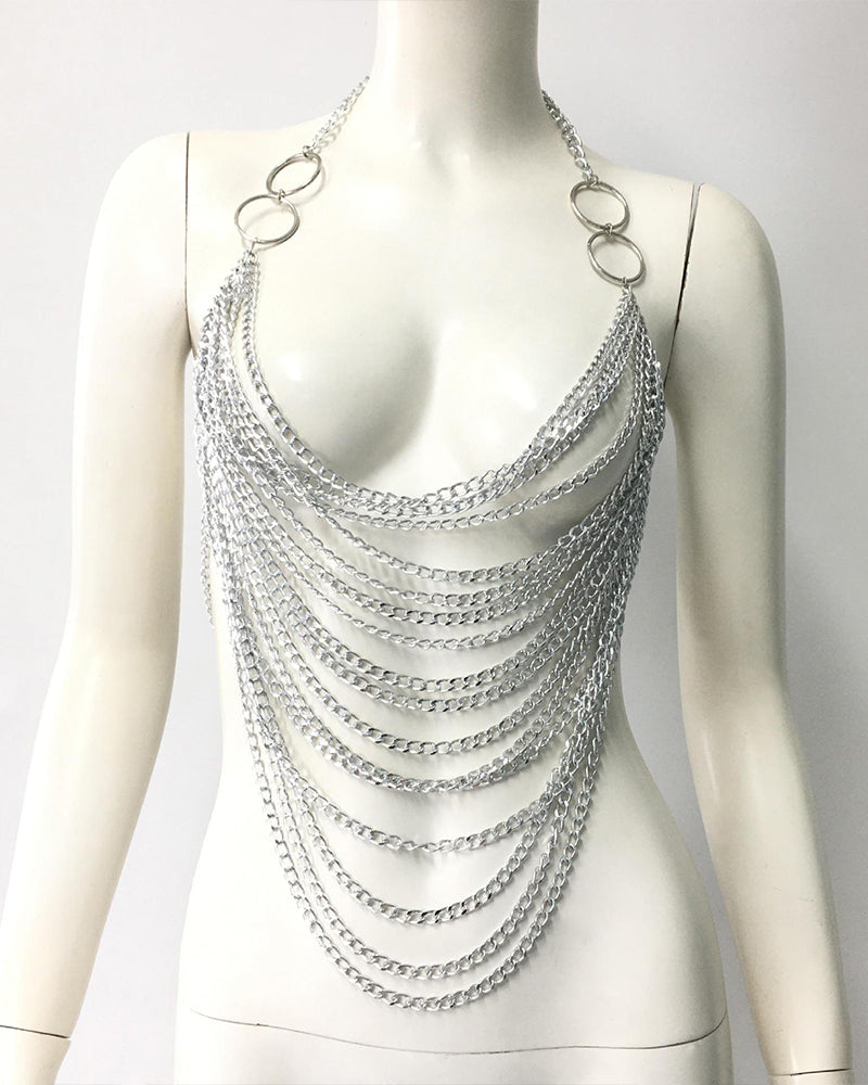 Silver chain halter crop top with long layered chain strands and circular ring trim