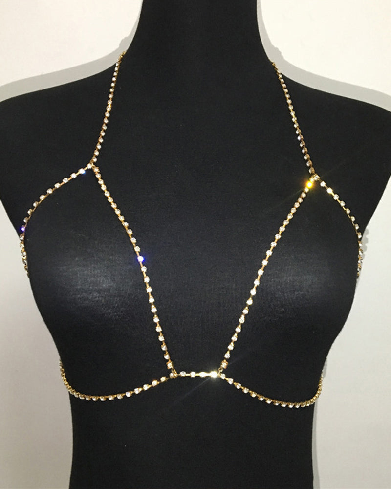 Gold crystal halter bra chain with sparkly straps and round connector clasp