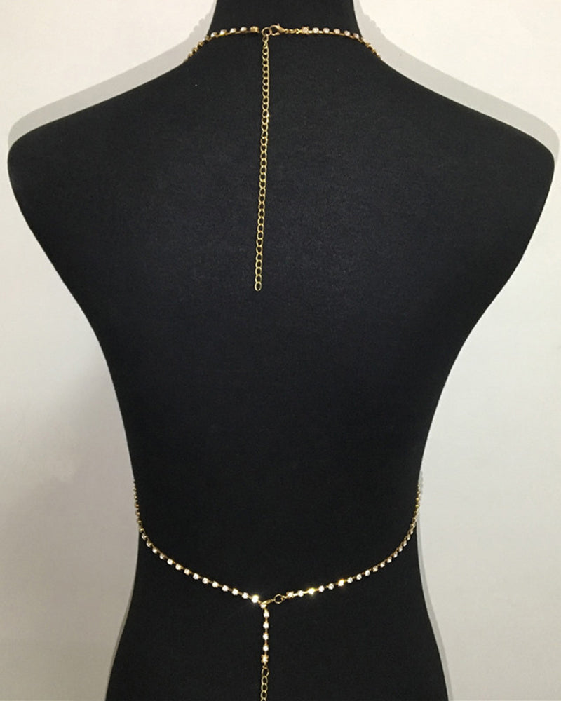 Gold crystal halter chest chain with long center pendant and arched bottom band