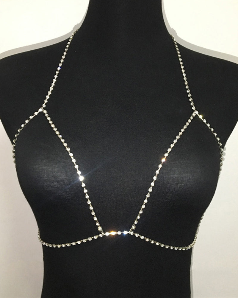 Silver crystal halter chest chain with twin straps and central heart-shaped connector