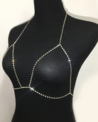 Silver crystal halter bra chain with arched bottom band and diagonal drape straps