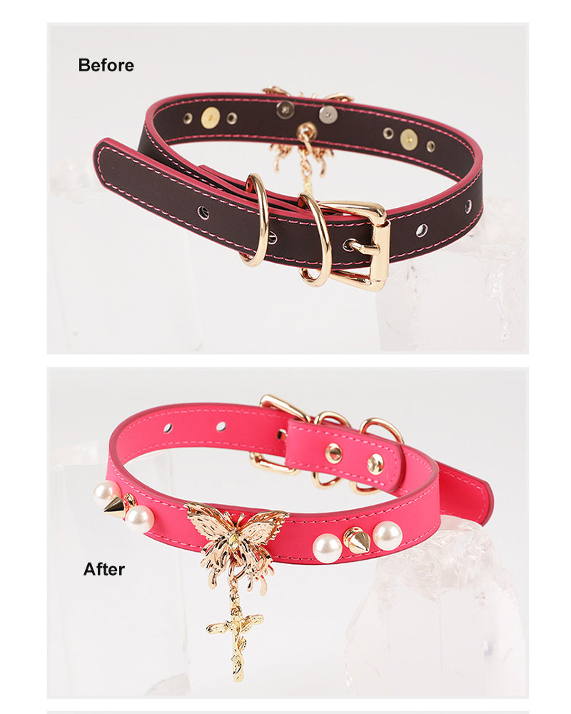 Leather collar with butterfly charm and pearl studs; D-ring buckle, red stitched edges