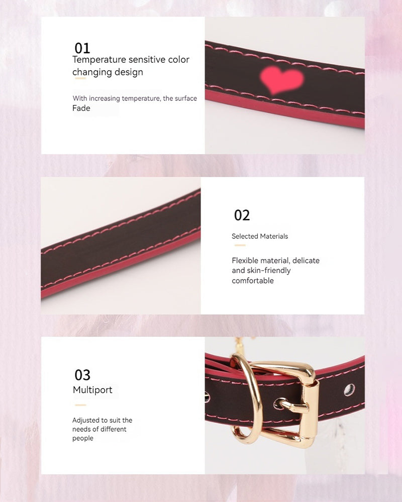 Color-changing leather strap detail with red stitching and heart pattern