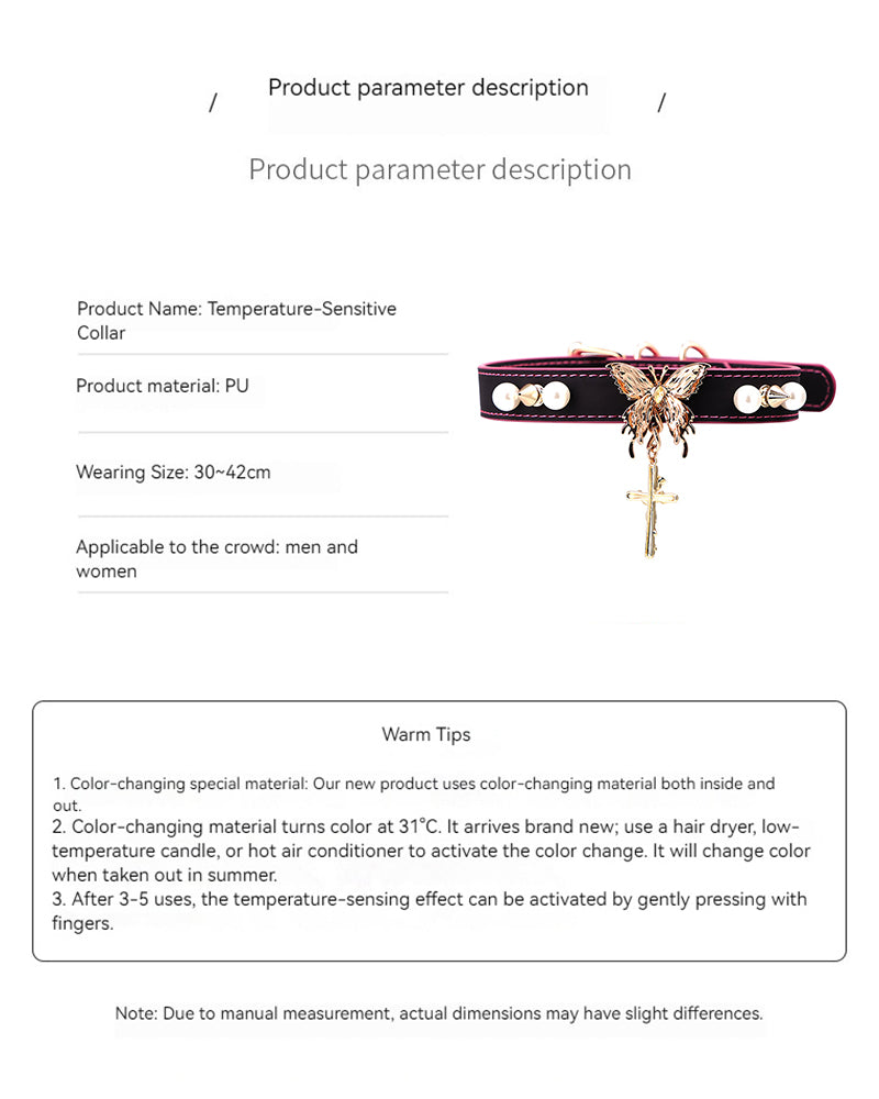 Black leather collar with butterfly pendant, pearl accents, and gold-tone cross charm