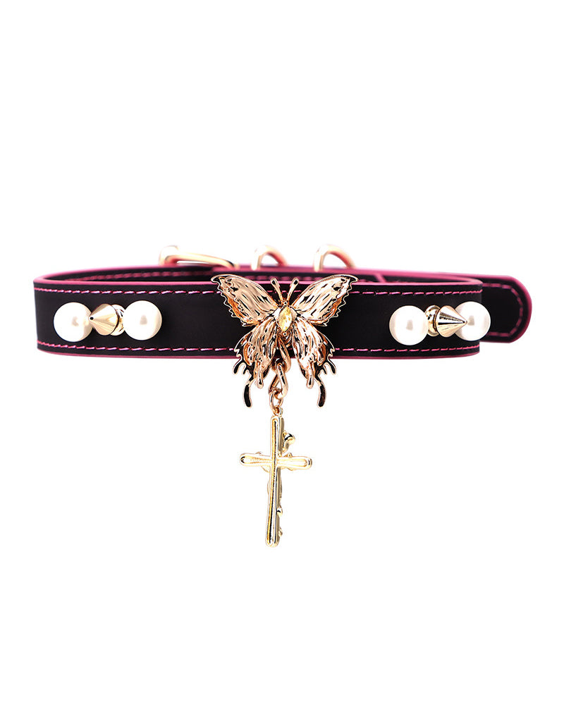Black leather choker with butterfly pendant, pearl bow details, and cross charm
