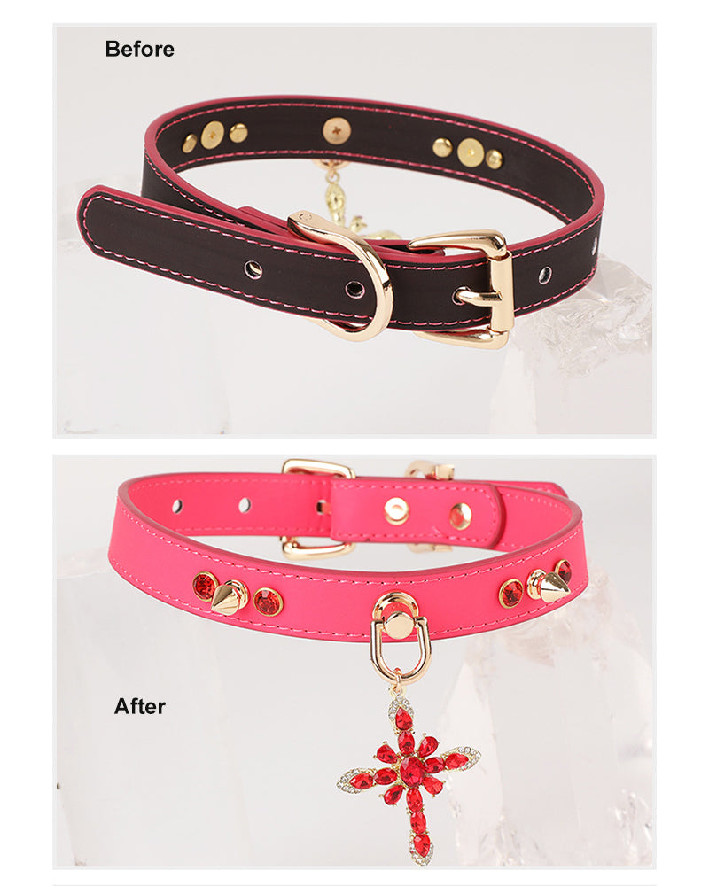 Temperature color-changing PU pet collar in black and pink with stud details and red cross charm