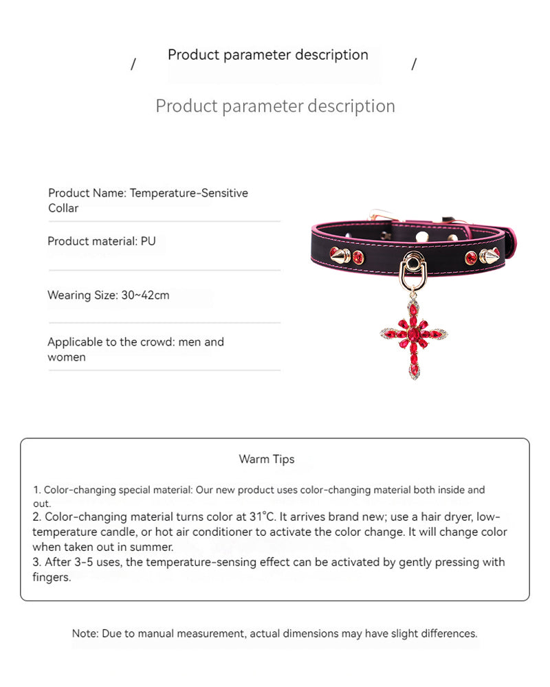 Metal buckle and ring on a black PU pet collar with magenta edge and red cross charm
