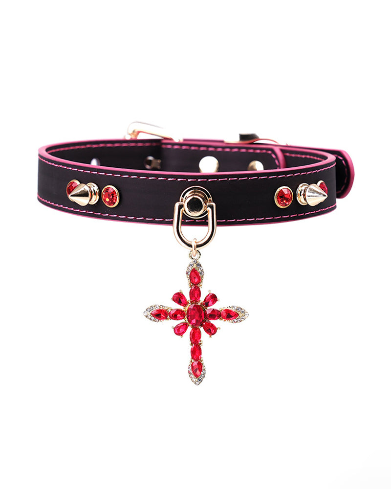 Black PU pet collar with magenta trim, silver hardware, and red jeweled cross charm