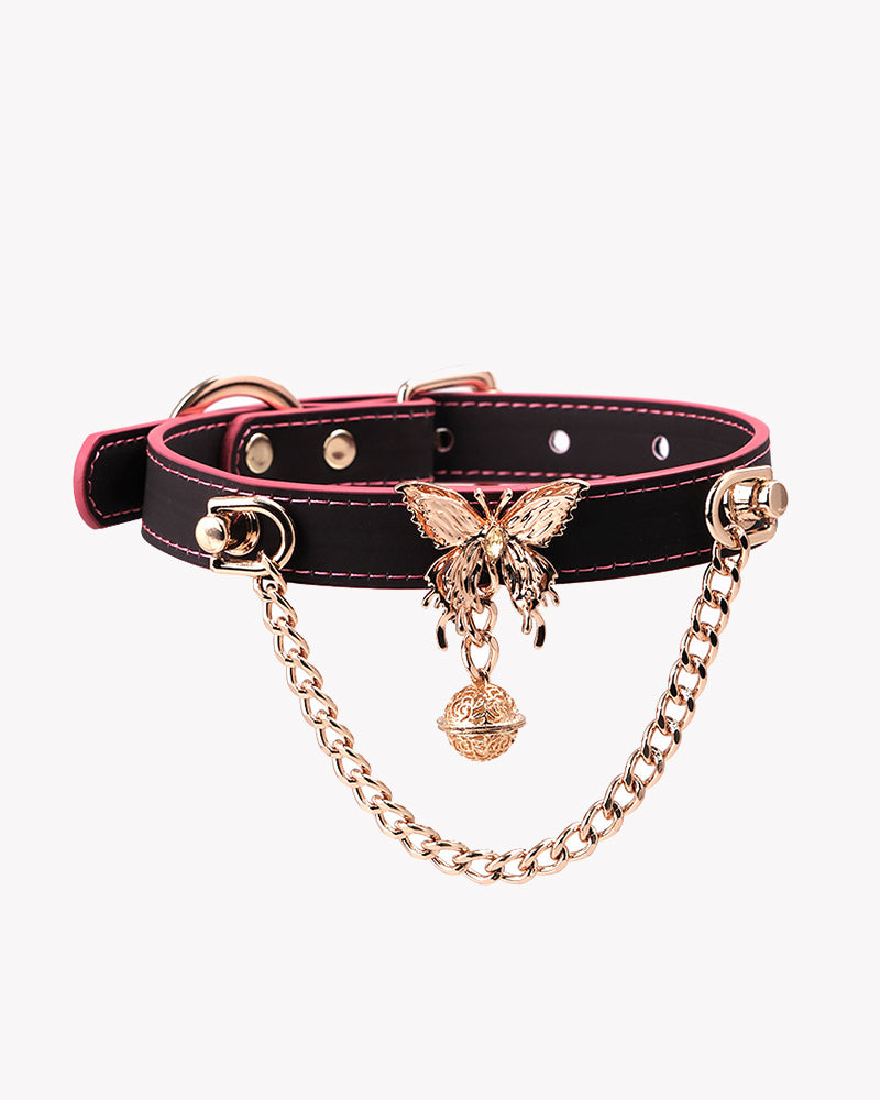 Black leather dog choker collar with butterfly centerpiece and hanging bell charms, gold hardware