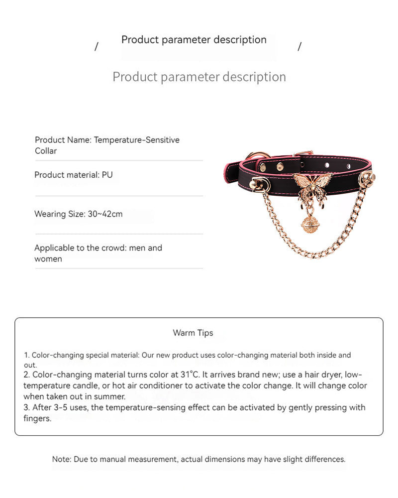Black leather choker with butterfly pendant and bell charm, plus linked chain tassels
