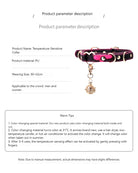 Heart-shaped leather dog collar with bell charm and metal buckle, on product card