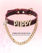 Leather dog collar with gold chain and metallic PUPPY letter front tag