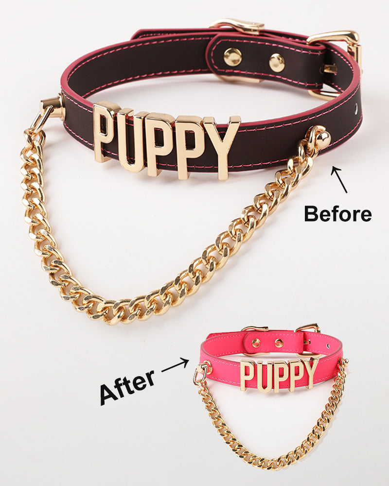 Leather dog collar with gold chain and metallic PUPPY letters; dark and pink color view