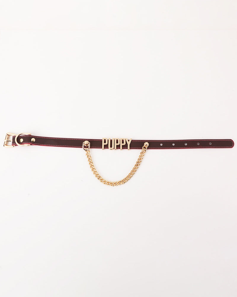 Leather dog collar with gold chain and metallic PUPPY letters; side buckle detail