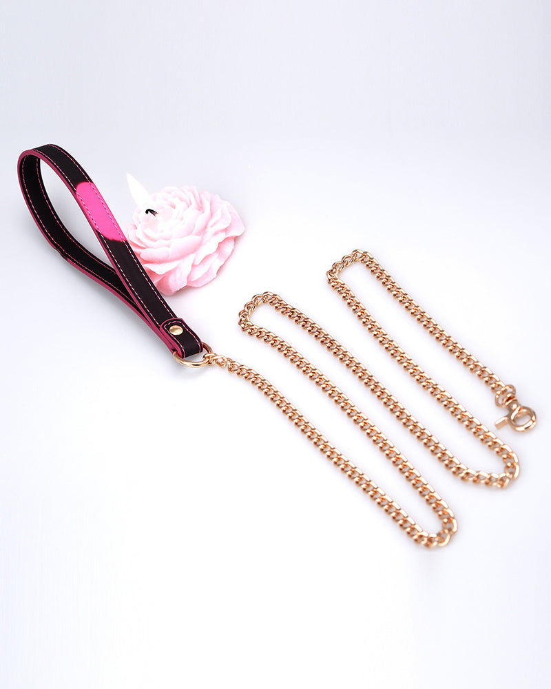 Pink leather dog collar with black trim and gold chain, flat letter panel; rope ends