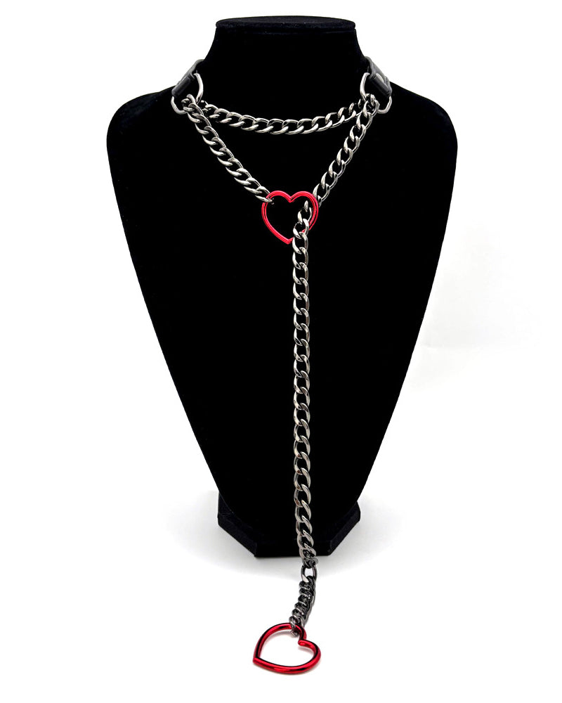 Heart choker collar slip chain with red heart drop charm and metal O-ring links