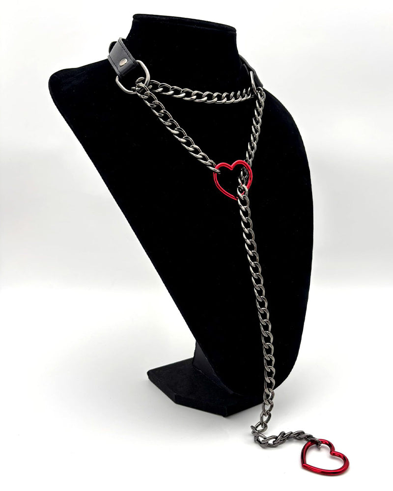 Heart choker collar with silver chain, red heart charm, and O-ring connector