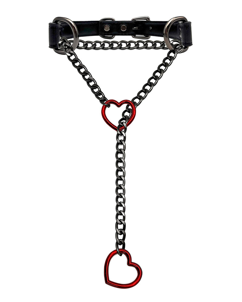 Heart choker collar with black strap, silver chain, and red heart drop charm